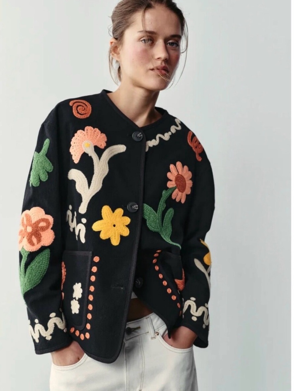 Zara Black Cardigan Jacket with Multicolor Floral Appliqués